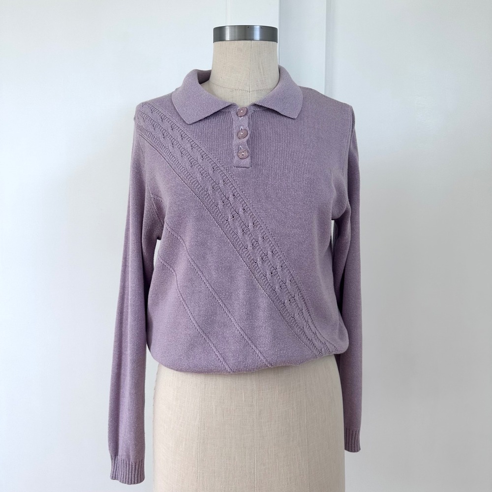 Vintage 90s Gaya Pull Lavender Knit Polo Sweater Women Small Purple Cotton
